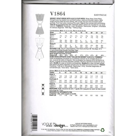 Vogue V1864 Misses 8 to 16 Circa 1953 Pullover Wrap Dress UNCUT Pattern - Picture 2 of 2